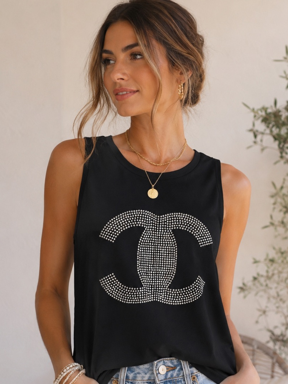 Black Rhinestone Double-C Sleeveless Tank Top | Glam Stretch Casual Top Size OS